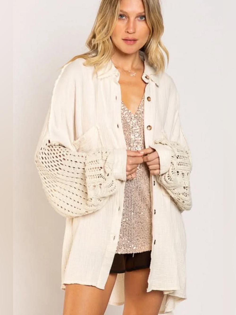 POL Cream Crochet-Sleeve Button Down Shirt